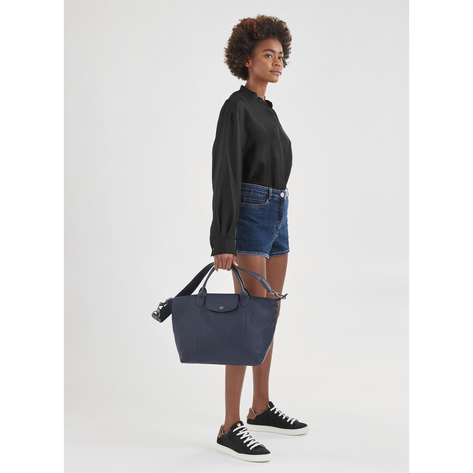 Longchamp Mini Le Pliage Cuir Leather Top Handle Bag In Sky Blue