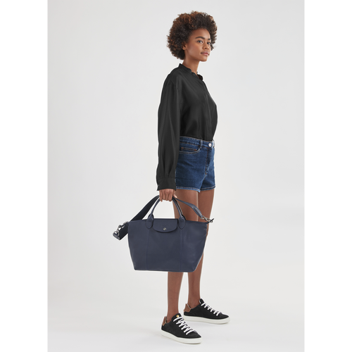 Longchamp Small 'Le Pliage Cuir' Leather Top Handle Tote in Navy Blue