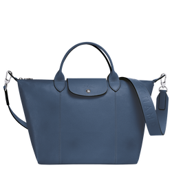 Le Pliage Cuir M Top handle bag , Pilot Blue - Leather
