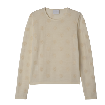 Round neck sweater , Ecru - Embroidered knit