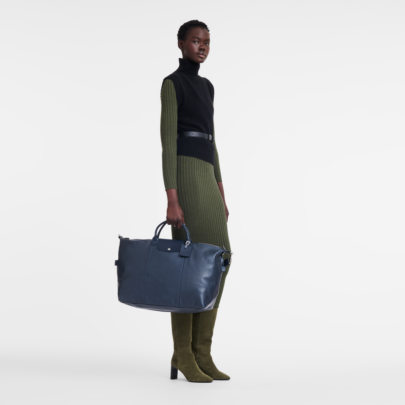 Le Foulonn&eacute; L Travel bag , Navy - Leather  - View 2 of  4