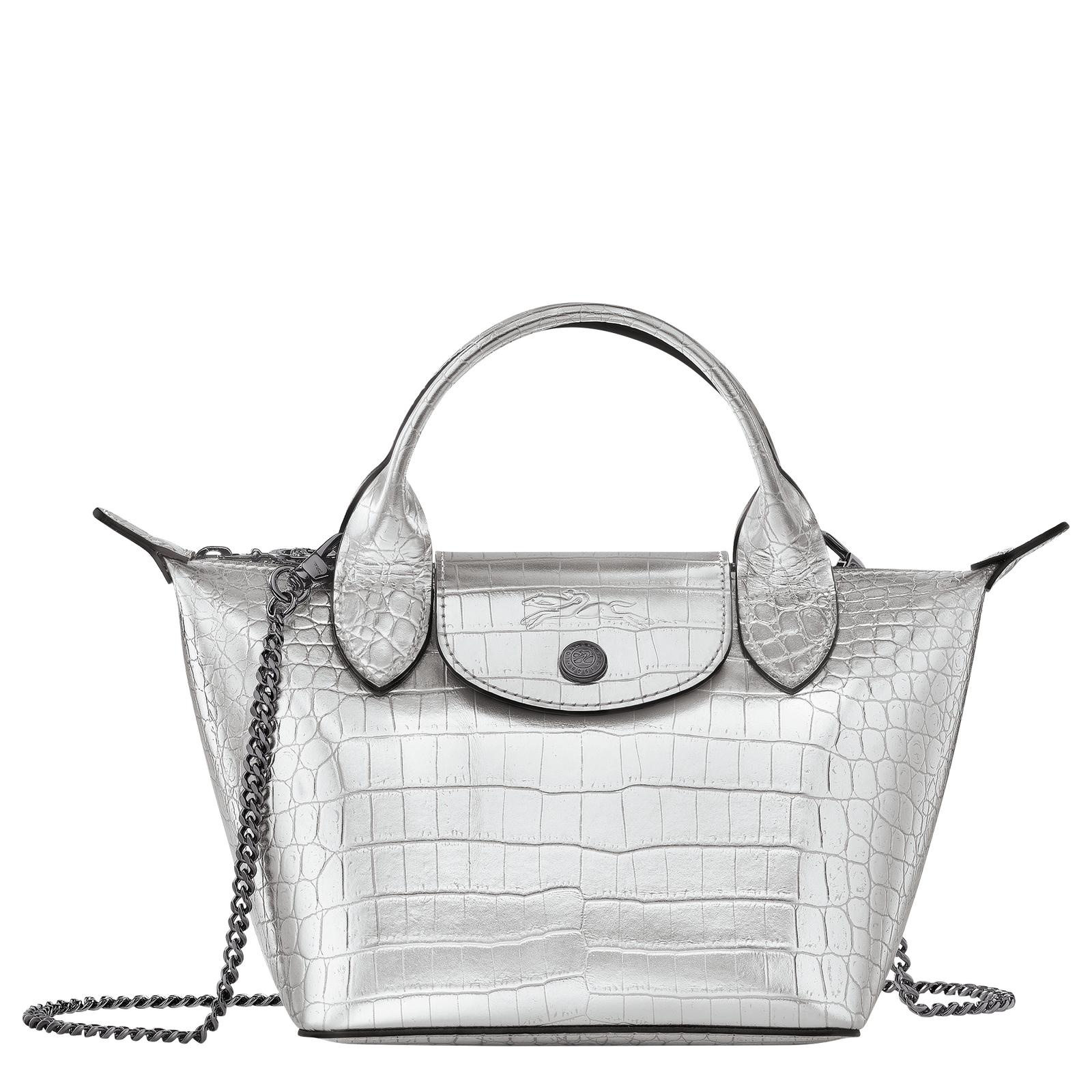 Le Pliage Cuir Croco XS Top handle bag Silver Leather Longchamp TH