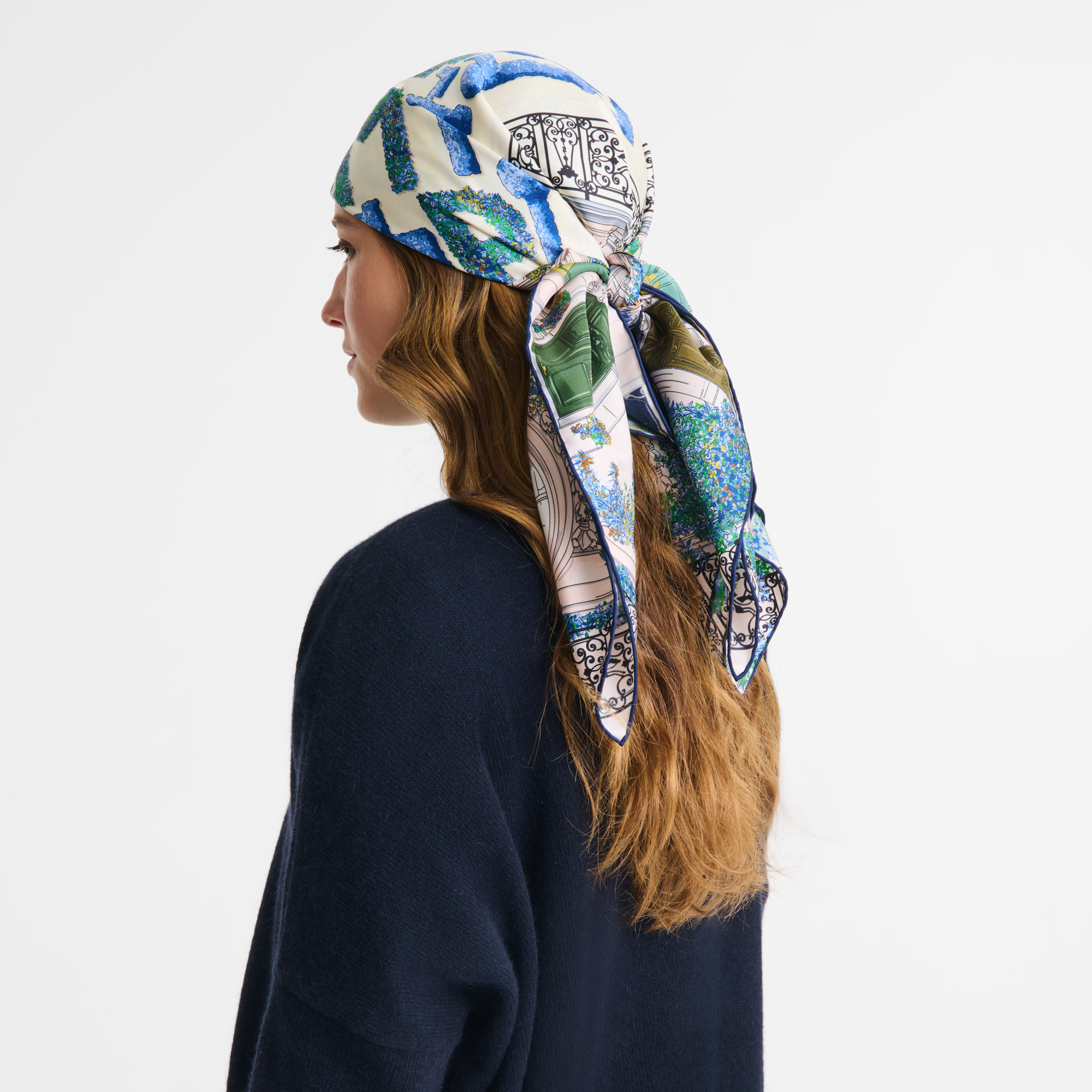 Silk scarf 90, Navy - View 2 of
2 - zoom in Jardin Parisien Silk scarf 90, Navy
