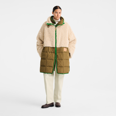 Coat , Ecru/Olive - Faux fur and quilting