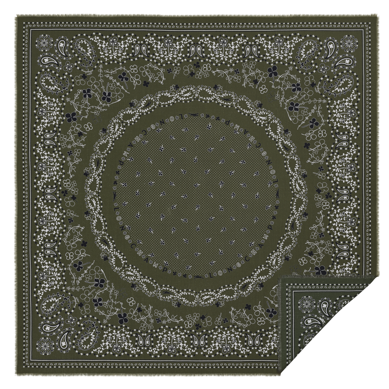 French Bandana Stole , Olive/Tundra - Wool blend  - View 1 of  2