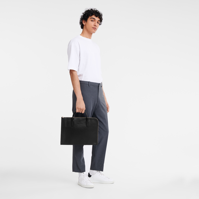 Le Foulonné S Briefcase , Black - Leather