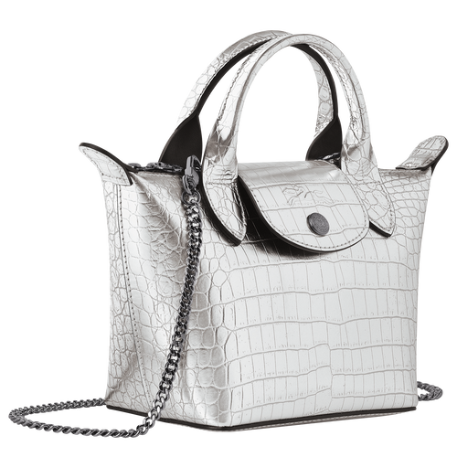 Le Pliage Cuir Croco XS Top handle bag Silver Leather Longchamp TH
