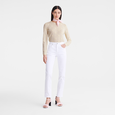 Round neck sweater , Ecru - Embroidered knit