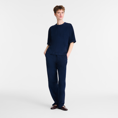 Short leather top , Navy - Leather